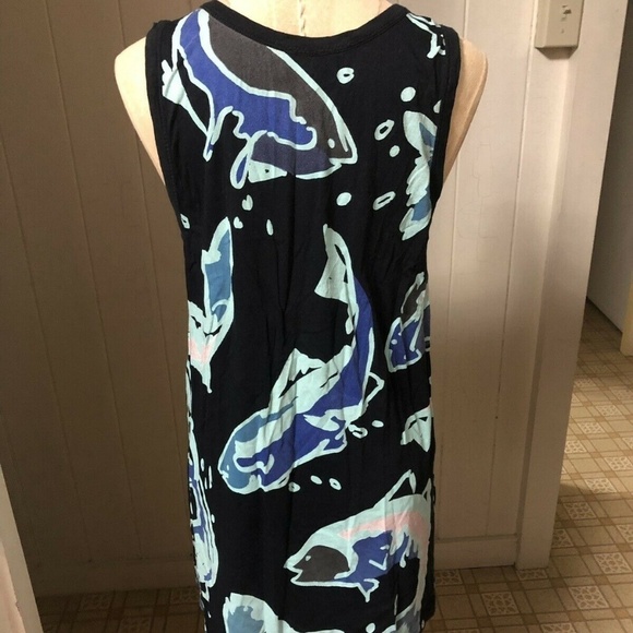 KENZO sz S Black Long Tank Top Side Slits Blue Fish - Picture 4 of 8